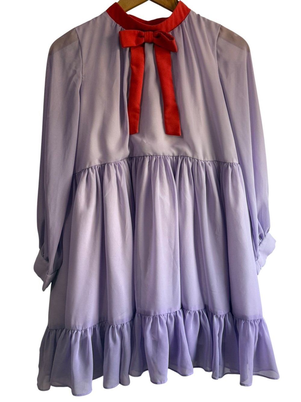 Hucklebones London Girls Lavender Purple Tiered Chiffon Dress Red Bow 12Y FW21